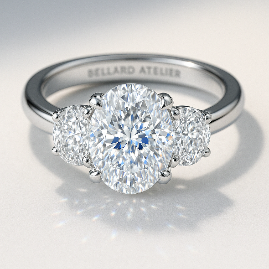 טבעת אובל 5 קאראט עם חצאי ירח משובצים בצדדים