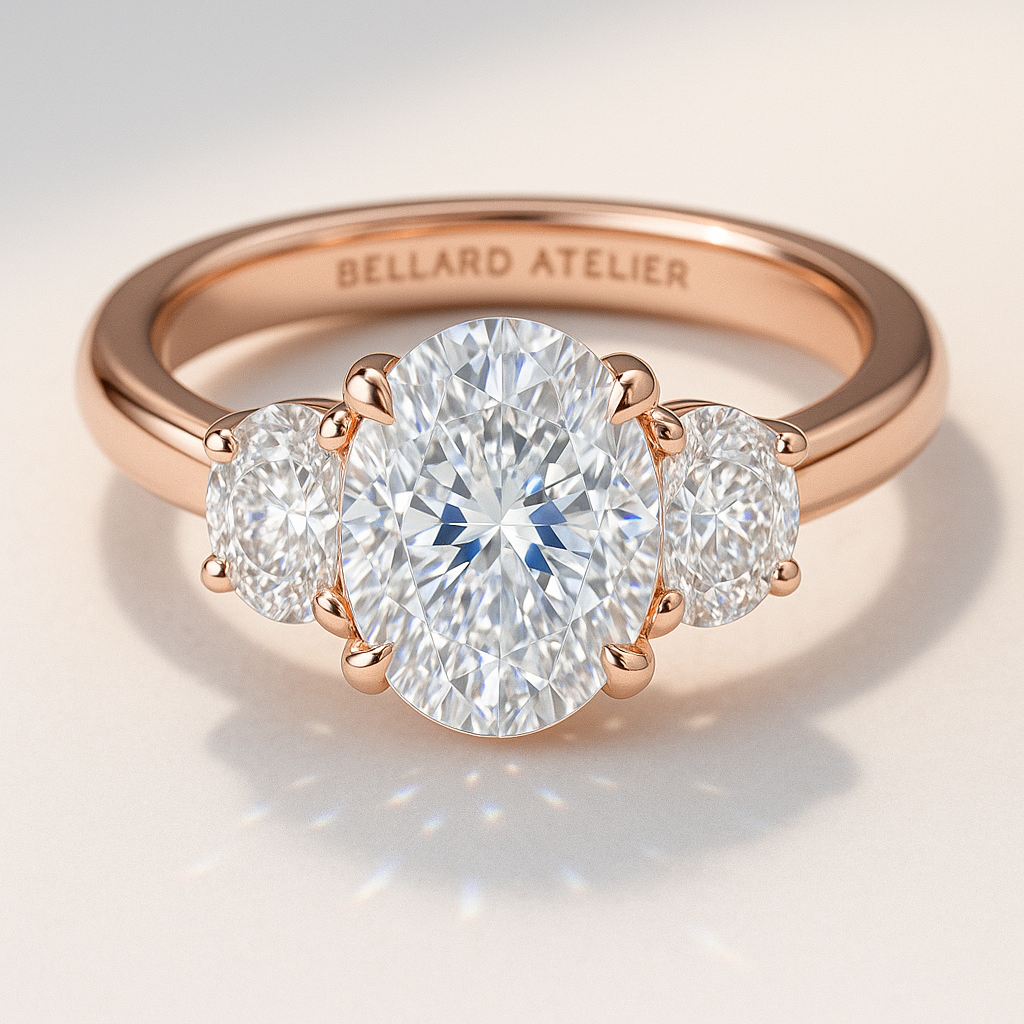 טבעת אובל 5 קאראט עם חצאי ירח משובצים בצדדים