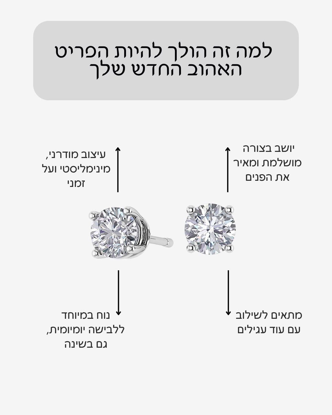 עגילי סוליטר צמודים לאוזן  עיצוב מרטיני 1, 2 קראט